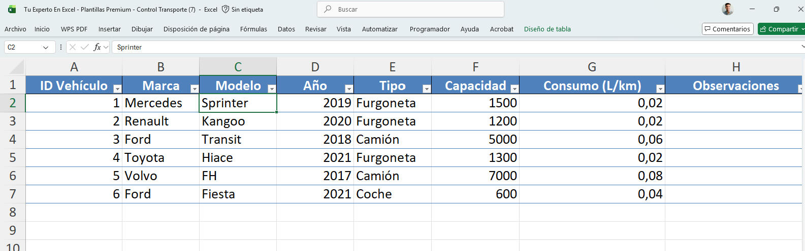 Plantilla Excel para control de tranporte con información clave para cada vehículo.