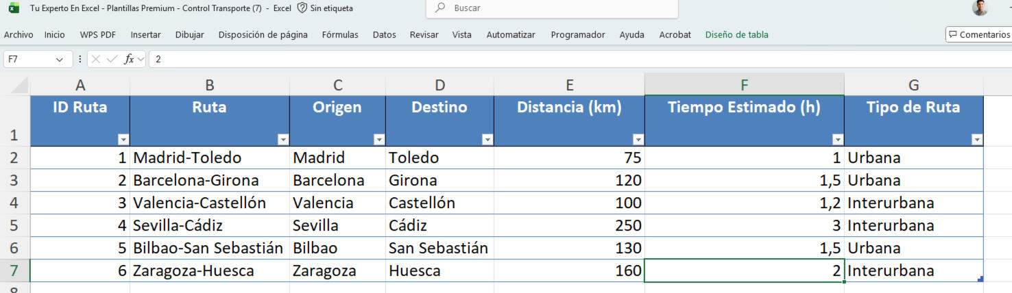 Plantilla Excel para el control de transporte con listado de rutas predefinidas.