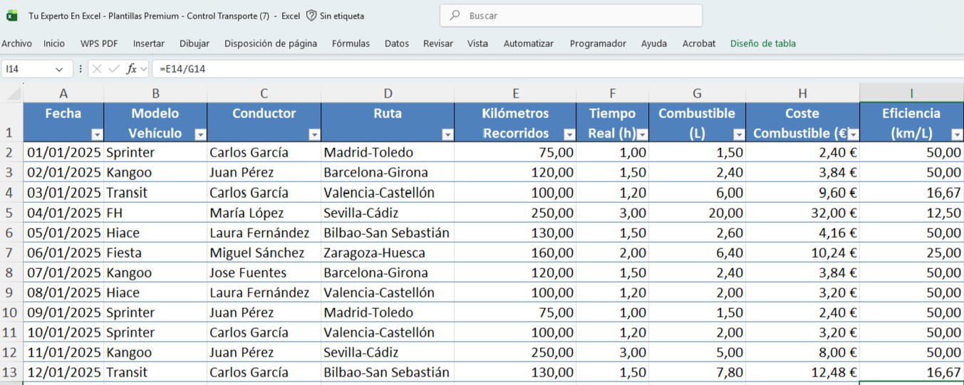 Plantilla Excel de Control de Transporte con histórico de rutas